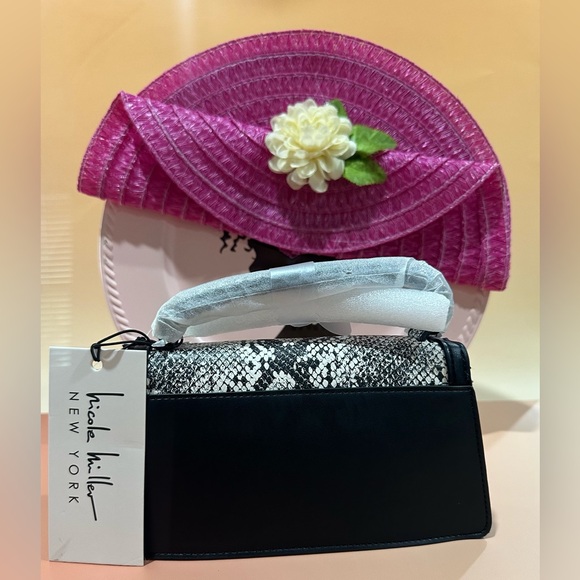 Nicole Miller New York purse Women's small Satchel Handbag black white snake - Picture 2 of 7